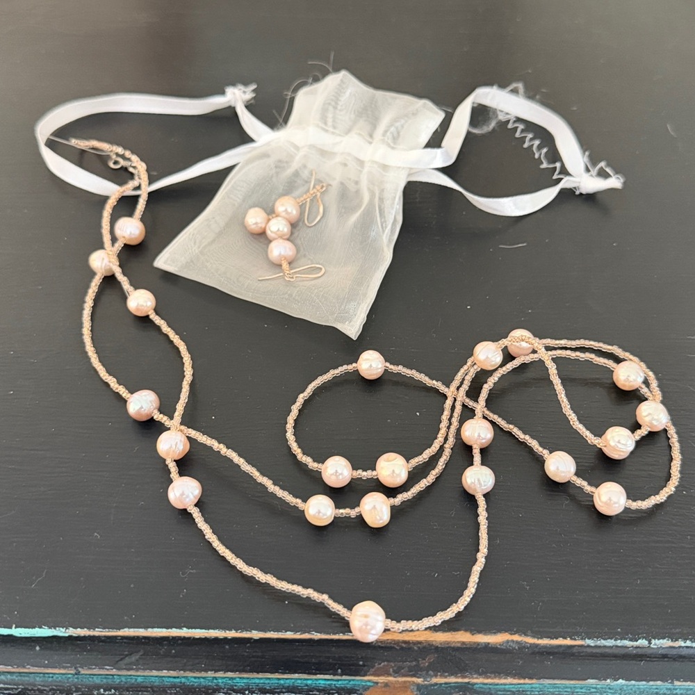 Pink Pearl Station Necklace and Earrings Set